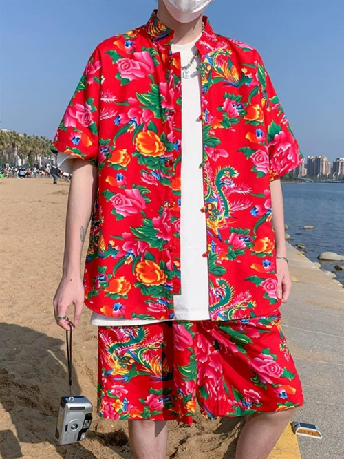 Support Customization of One Item Summer Floral Shirt Five Part Shorts Set Men's Thin Short Sleeved Shirt Casual Two-piece Set