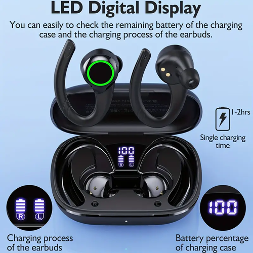 New Wireless Earbuds for Running Sports, Wireless Earphones with Earhooks Pure Bass Sound, In Ear Headphones with Dual-LED Display, Sport Earphones Built-in Microphone, Noise Cancelling Headset