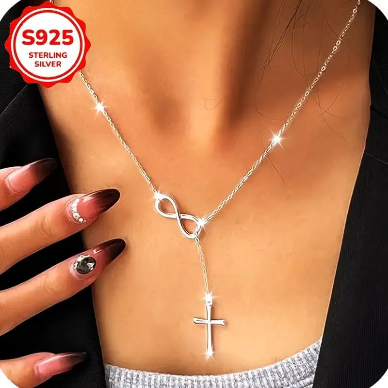 Luxurious S925 Pure Sterling Silvery Infinity Lucky 8 Cross Pendant Necklace