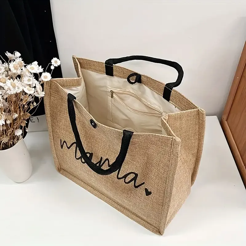 Mama Letters Print Tote Bag, Fashion Burlap Shoulder Bag, Portable Travel Picnic Bag Shopping Bag Gift For Women's Day