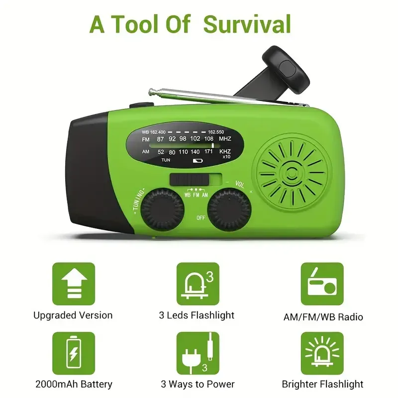 2000mAh Portable Emergency Radio - Power Bank with Hand Crank & Solar Charging