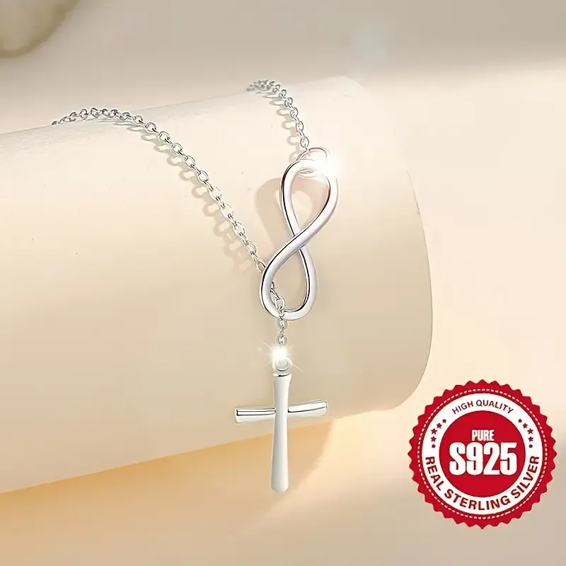 Luxurious S925 Pure Sterling Silvery Infinity Lucky 8 Cross Pendant Necklace