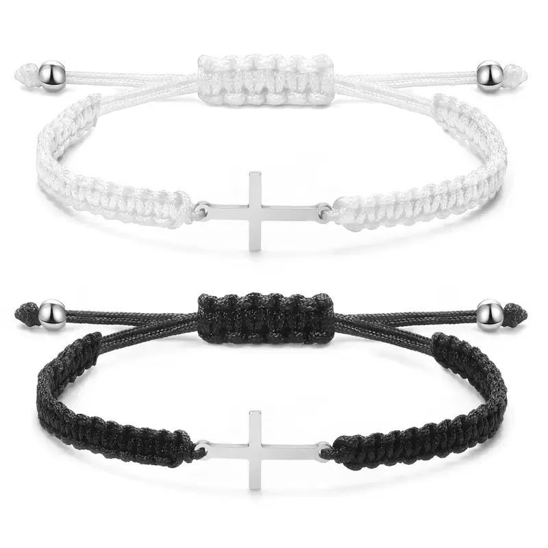 2pcs Stainless Steel Cross Bracelet for Boys Girls, Braided Rope Friendship Bracelet, Adjustable Faith Hope Blessed Jewelry for Men Women