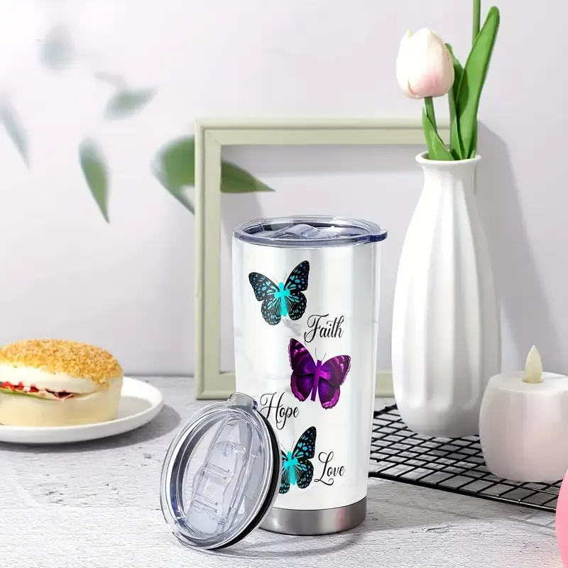 1pc Butterfly Printed 20oz Stainless Steel Tumbler, Double Wall Vacuum Insulated Travel Mug with Lid, Reusable, BPA-Free, Hand Wash Only, Animal Theme, with Lid for Adults, Ideal for Holidays - Easter, Halloween, Christmas, Hanukkah, Thanksgiving