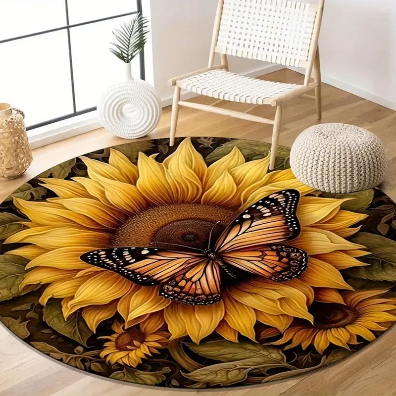 Round Anti-Slip Area Rug with Butterfly and Sunflower Design