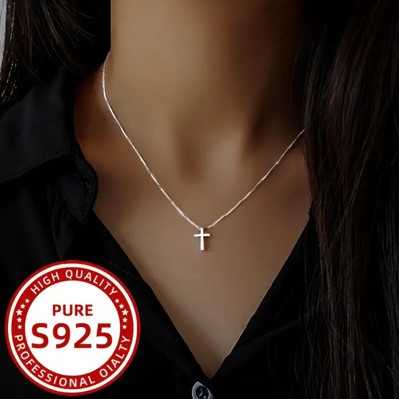 Elegant Simple Style 925 Sterling Silver Cross Pendant Necklace for Women