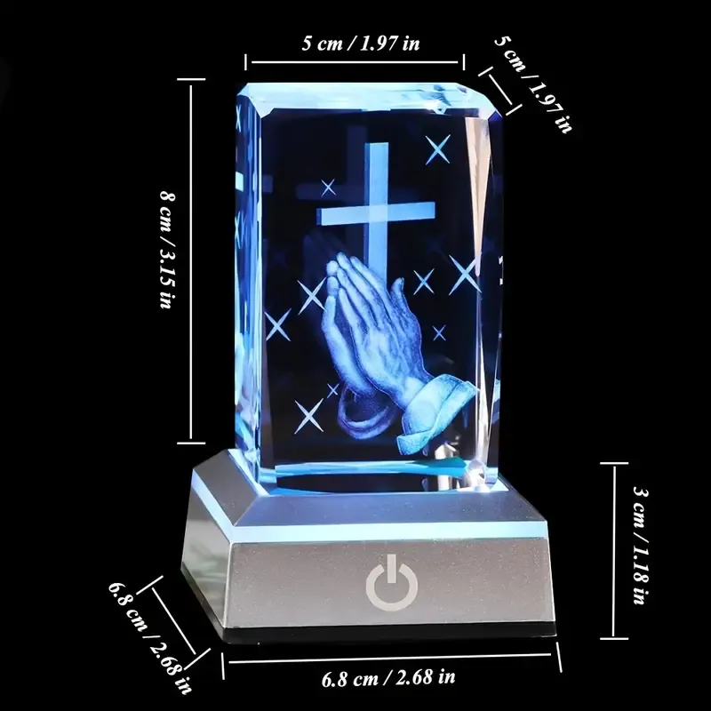 1pc Mission Style 3D Crystal Cross with Praying Hands, Multicolor LED Light Base, Adjustable Color Changing, USB Powered Tabletop Fantasy Geometric Decor, Touch Control, Polished Finish, Religious Home Office Ornament, Christian Gift for Women, Men, Wife, Mom, Sister - 3.15*1.97*1.97in