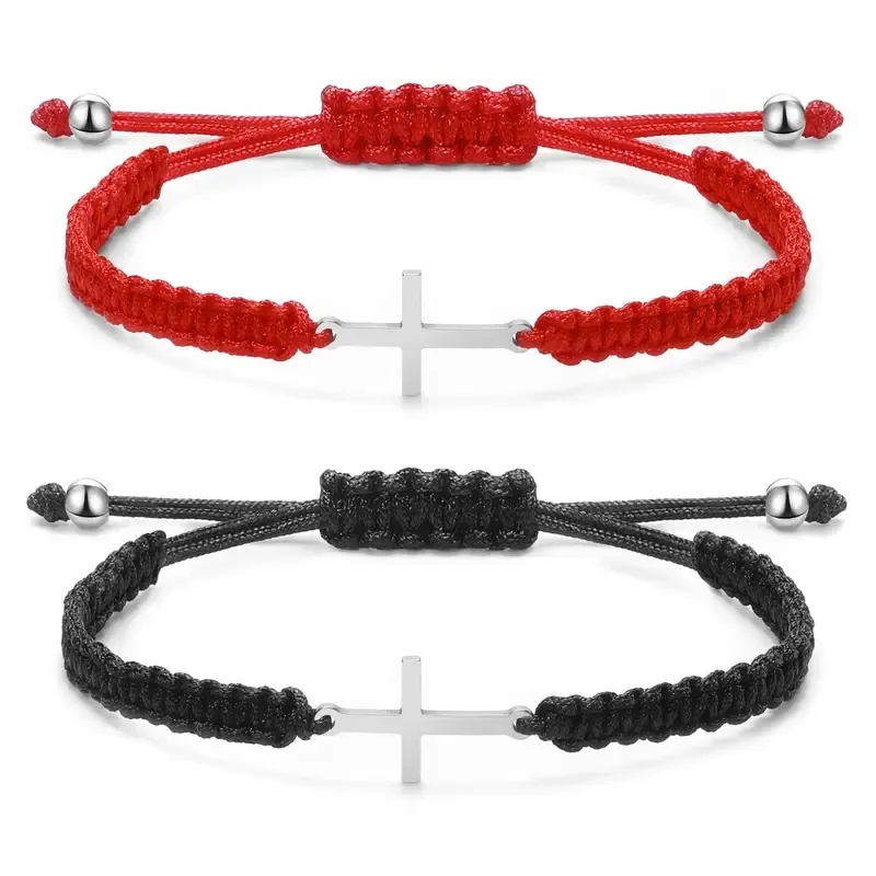 2pcs Stainless Steel Cross Bracelet for Boys Girls, Braided Rope Friendship Bracelet, Adjustable Faith Hope Blessed Jewelry for Men Women