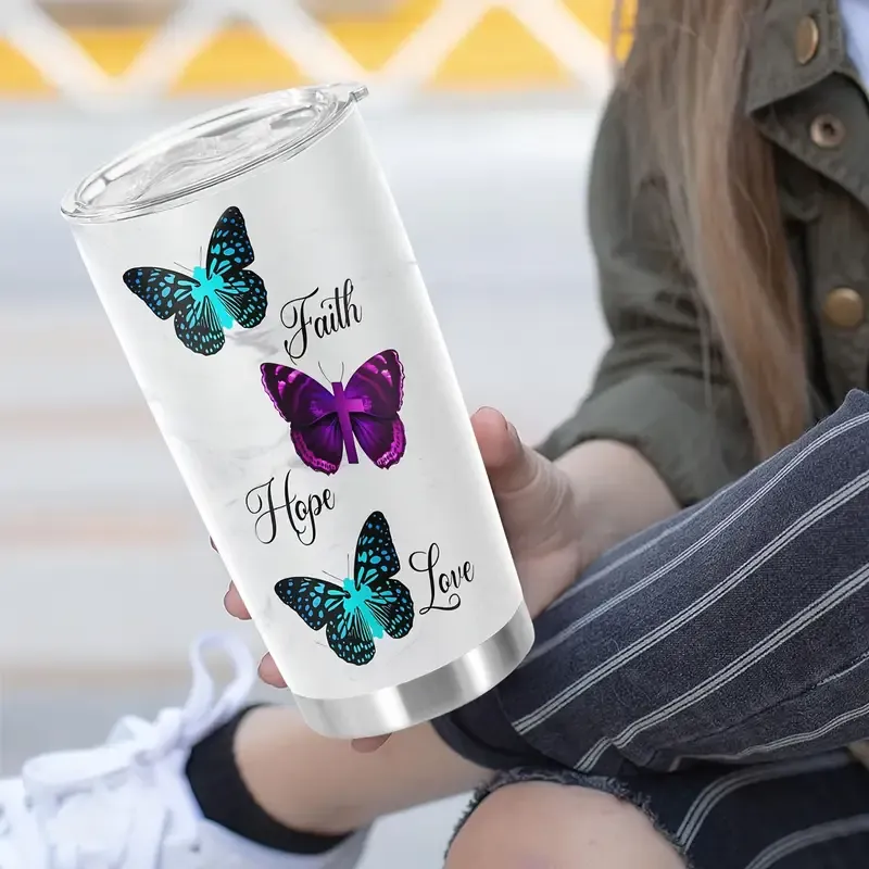 1pc Butterfly Printed 20oz Stainless Steel Tumbler, Double Wall Vacuum Insulated Travel Mug with Lid, Reusable, BPA-Free, Hand Wash Only, Animal Theme, with Lid for Adults, Ideal for Holidays - Easter, Halloween, Christmas, Hanukkah, Thanksgiving