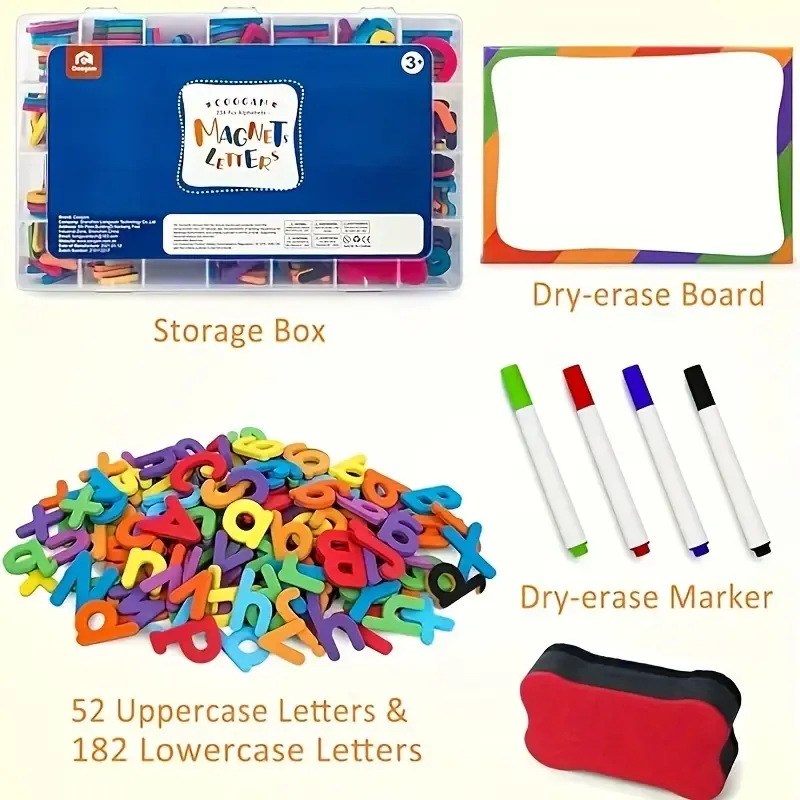 Coogam Back-to-school Season Magnetic Letters 234 Pcs, Uppercase Lowercase Foam Alphabet ABC Fridge Magnets, Educational Toy Set For Classroom Kids Learning Spelling With Magnetic Board And Storage Box