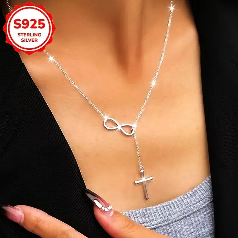 Luxurious S925 Pure Sterling Silvery Infinity Lucky 8 Cross Pendant Necklace