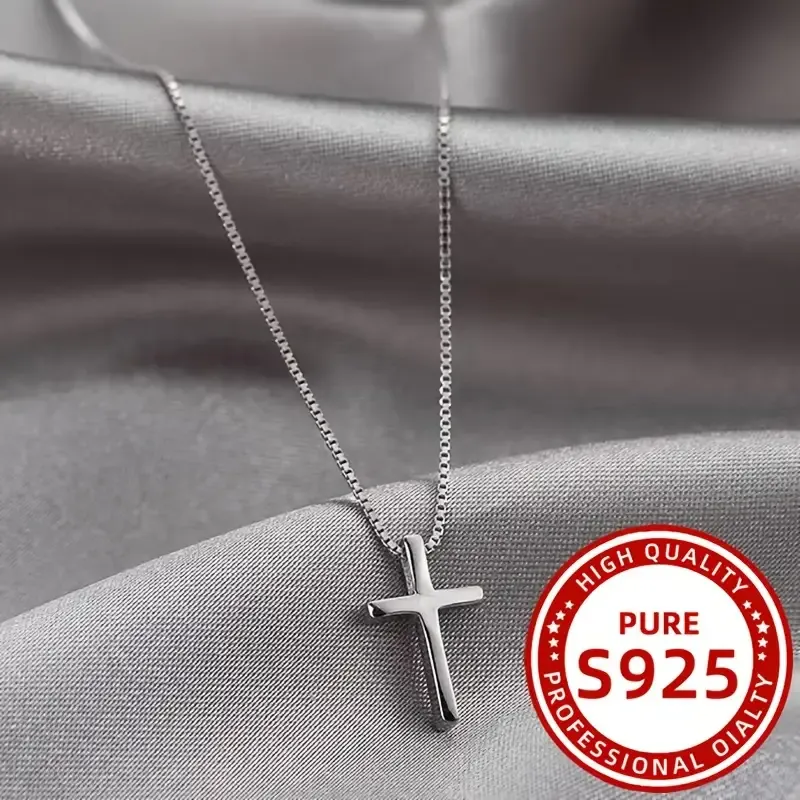 Elegant Simple Style 925 Sterling Silver Cross Pendant Necklace for Women