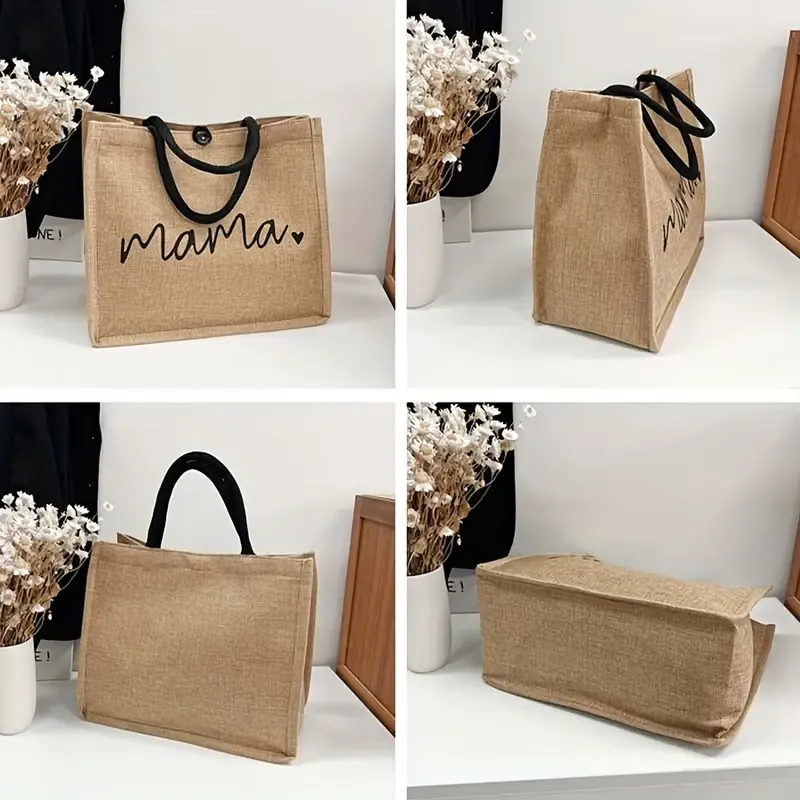 Mama Letters Print Tote Bag, Fashion Burlap Shoulder Bag, Portable Travel Picnic Bag Shopping Bag Gift For Women's Day