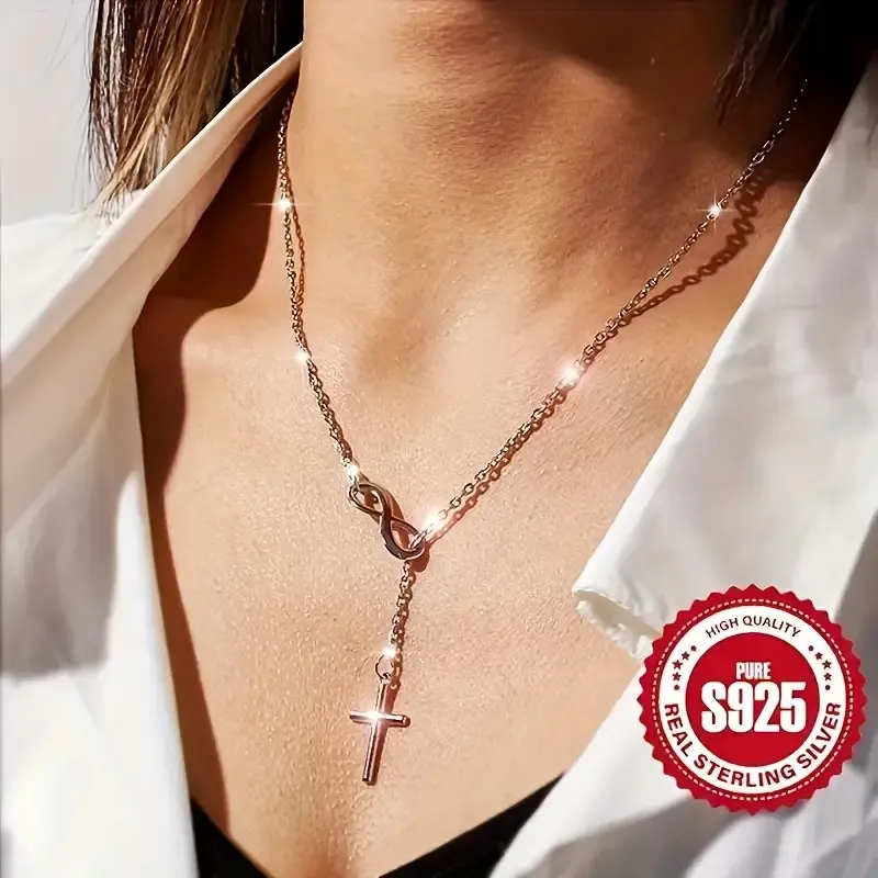 Luxurious S925 Pure Sterling Silvery Infinity Lucky 8 Cross Pendant Necklace