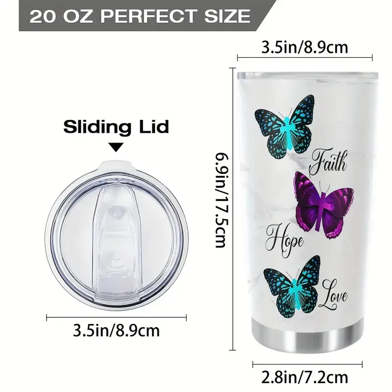 1pc Butterfly Printed 20oz Stainless Steel Tumbler, Double Wall Vacuum Insulated Travel Mug with Lid, Reusable, BPA-Free, Hand Wash Only, Animal Theme, with Lid for Adults, Ideal for Holidays - Easter, Halloween, Christmas, Hanukkah, Thanksgiving