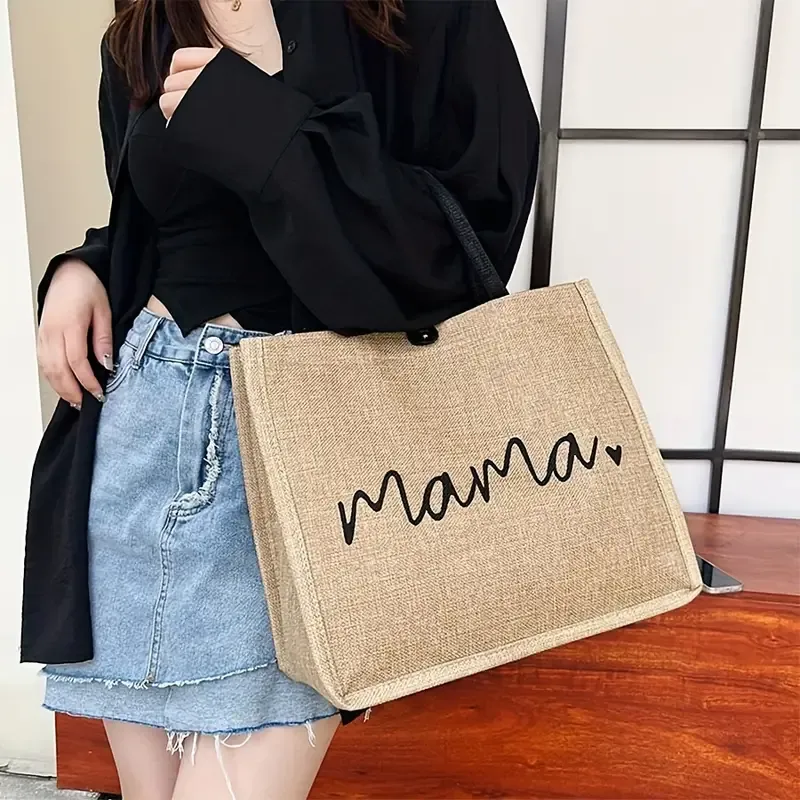 Mama Letters Print Tote Bag, Fashion Burlap Shoulder Bag, Portable Travel Picnic Bag Shopping Bag Gift For Women's Day