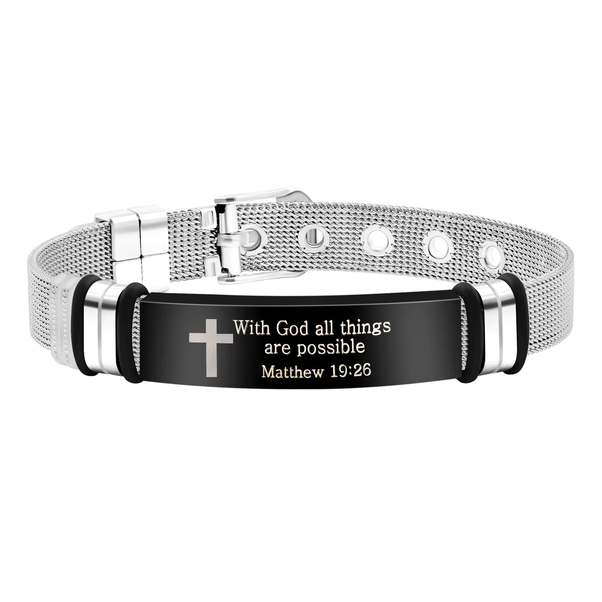 Black&Silver Adjustable Stainless Steel Men's Bible Bracelet