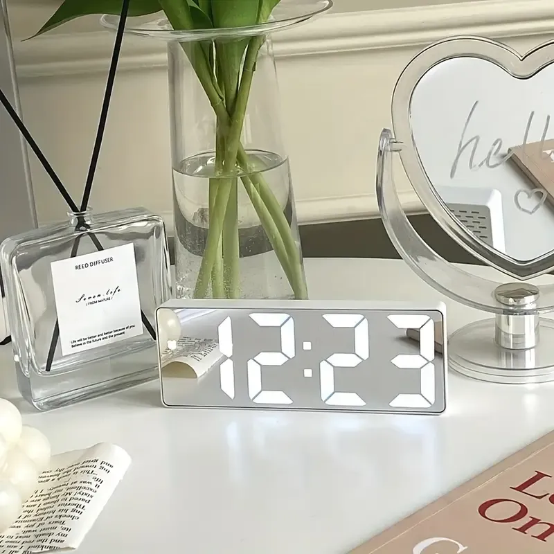 Modern LED Mirror Table Alarm Clock - Digital Snooze Display, Time, Date, and Temperature - USB Powered, Compact, and Energy-Efficient Desktop Night Light for Bedroom, Office, or Home Decor