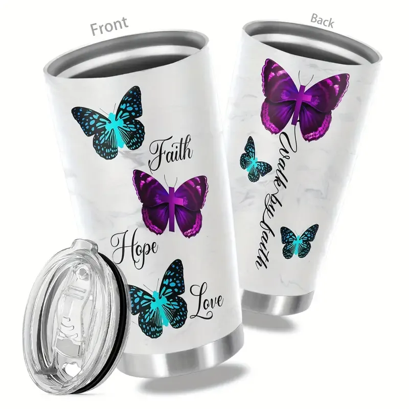 1pc Butterfly Printed 20oz Stainless Steel Tumbler, Double Wall Vacuum Insulated Travel Mug with Lid, Reusable, BPA-Free, Hand Wash Only, Animal Theme, with Lid for Adults, Ideal for Holidays - Easter, Halloween, Christmas, Hanukkah, Thanksgiving