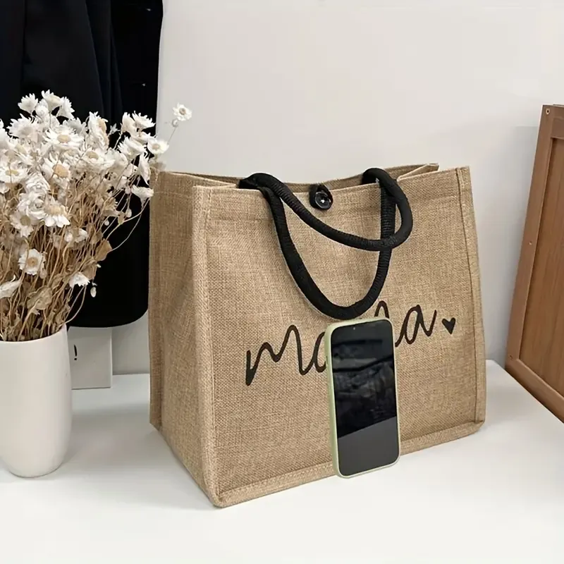 Mama Letters Print Tote Bag, Fashion Burlap Shoulder Bag, Portable Travel Picnic Bag Shopping Bag Gift For Women's Day