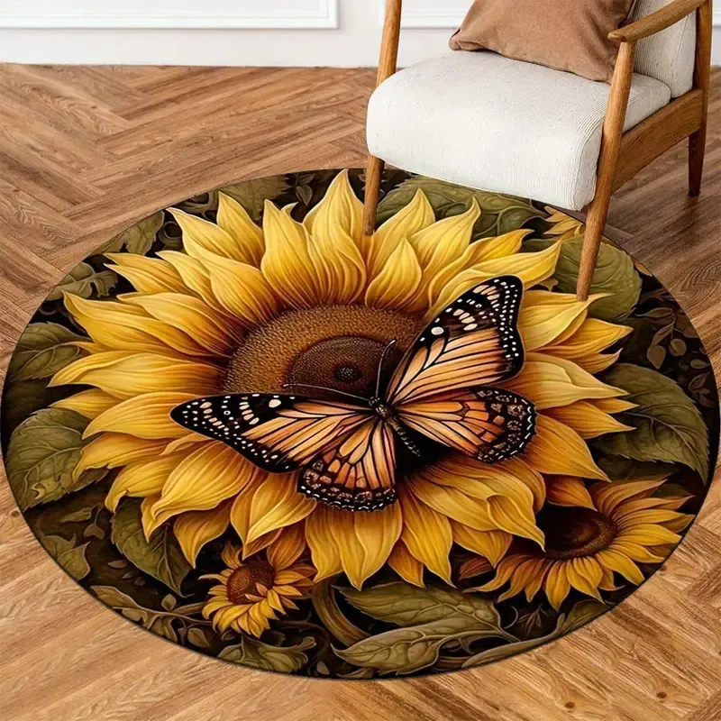 Round Anti-Slip Area Rug with Butterfly and Sunflower Design