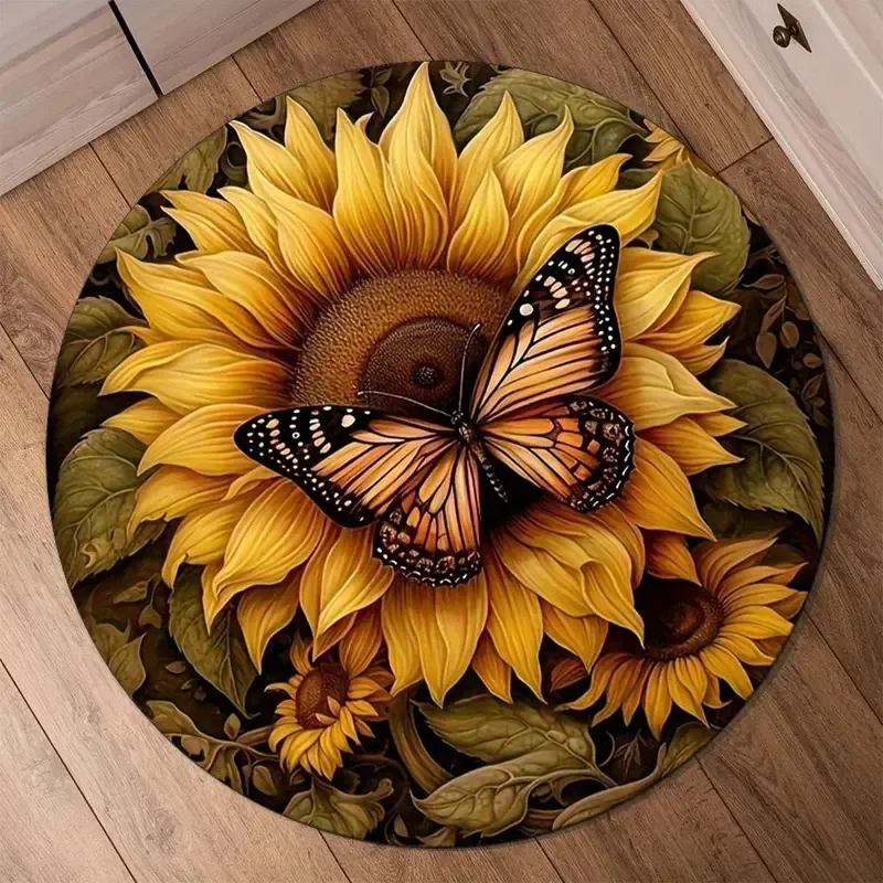 Round Anti-Slip Area Rug with Butterfly and Sunflower Design