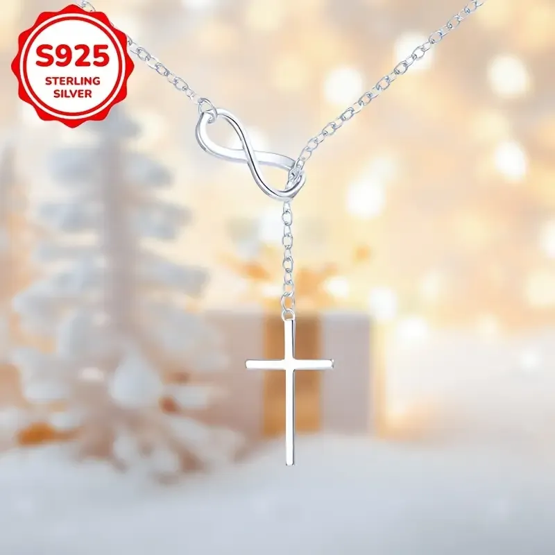 Luxurious S925 Pure Sterling Silvery Infinity Lucky 8 Cross Pendant Necklace