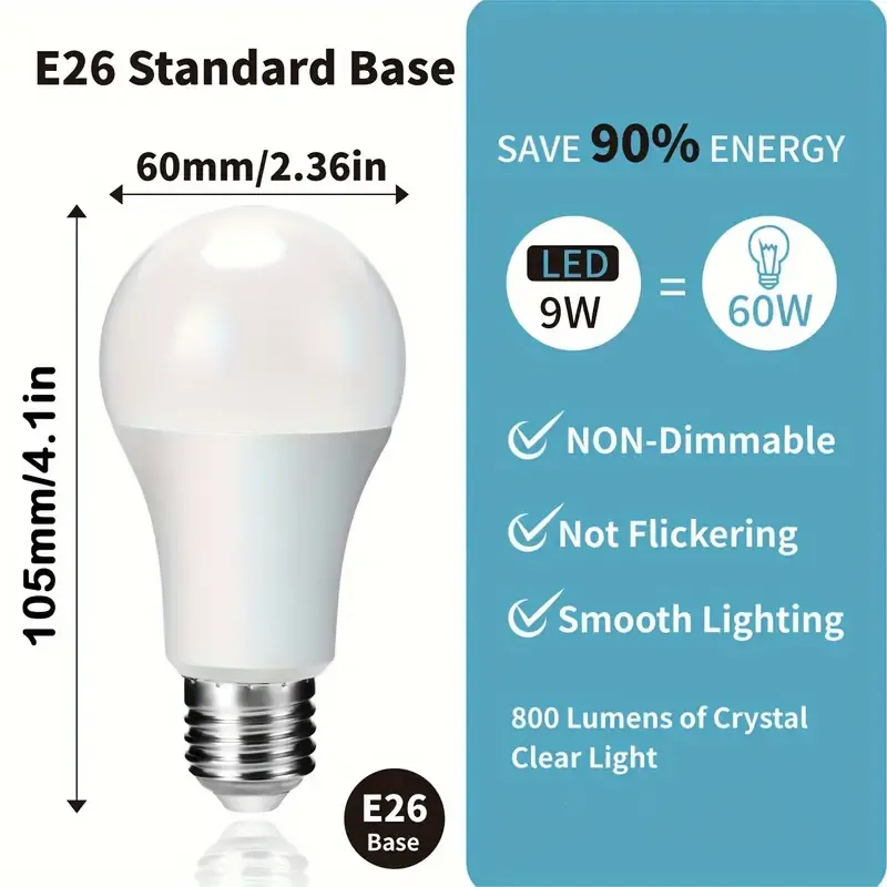 4pcs A19 LED Light Bulbs, 9W, Equivalent to 60W with 800 Lumens, E26, Non-dimmable, Operate at 110V Voltage, And Are Only Suitable for Use in The US And Canada. Non-Dimmable, Home, Office, And Commercial Use.