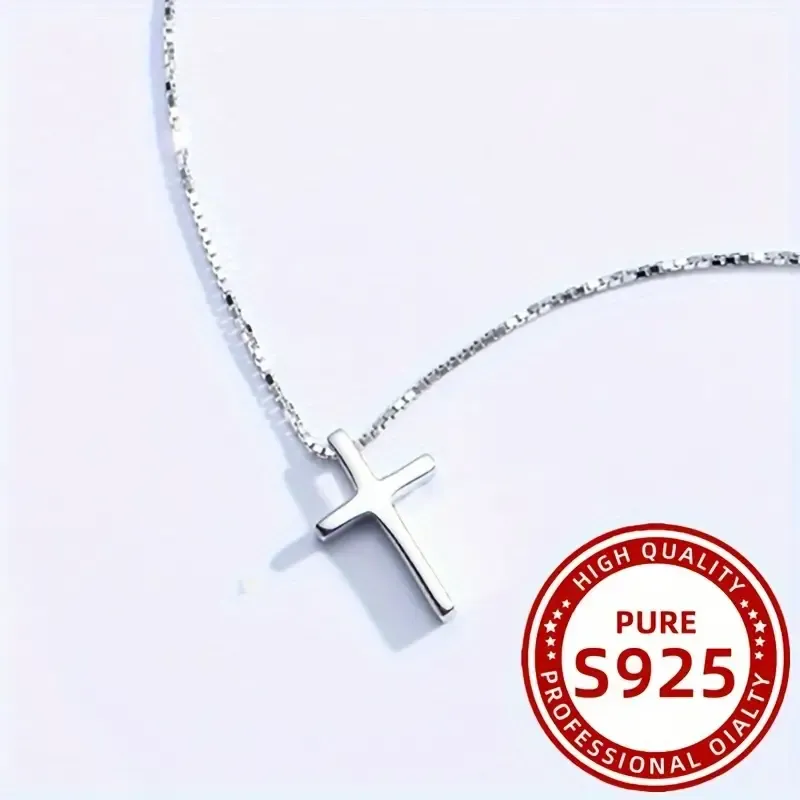 Elegant Simple Style 925 Sterling Silver Cross Pendant Necklace for Women