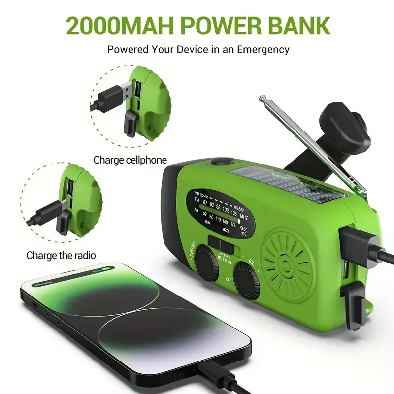 2000mAh Portable Emergency Radio - Power Bank with Hand Crank & Solar Charging