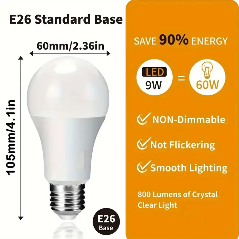 4pcs A19 LED Light Bulbs, 9W, Equivalent to 60W with 800 Lumens, E26, Non-dimmable, Operate at 110V Voltage, And Are Only Suitable for Use in The US And Canada. Non-Dimmable, Home, Office, And Commercial Use.