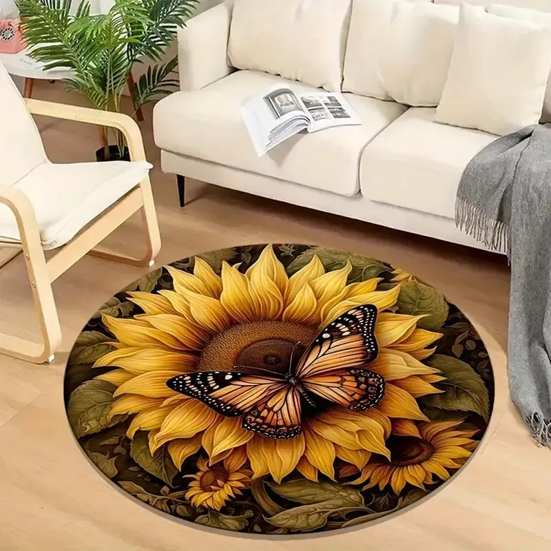 Round Anti-Slip Area Rug with Butterfly and Sunflower Design