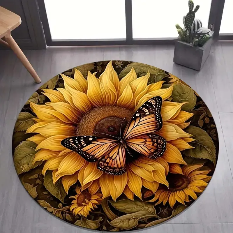 Round Anti-Slip Area Rug with Butterfly and Sunflower Design