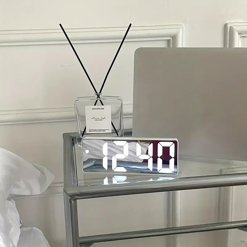 Modern LED Mirror Table Alarm Clock - Digital Snooze Display, Time, Date, and Temperature - USB Powered, Compact, and Energy-Efficient Desktop Night Light for Bedroom, Office, or Home Decor