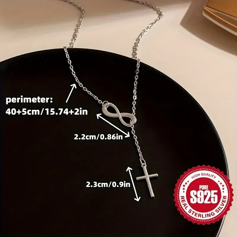 Luxurious S925 Pure Sterling Silvery Infinity Lucky 8 Cross Pendant Necklace