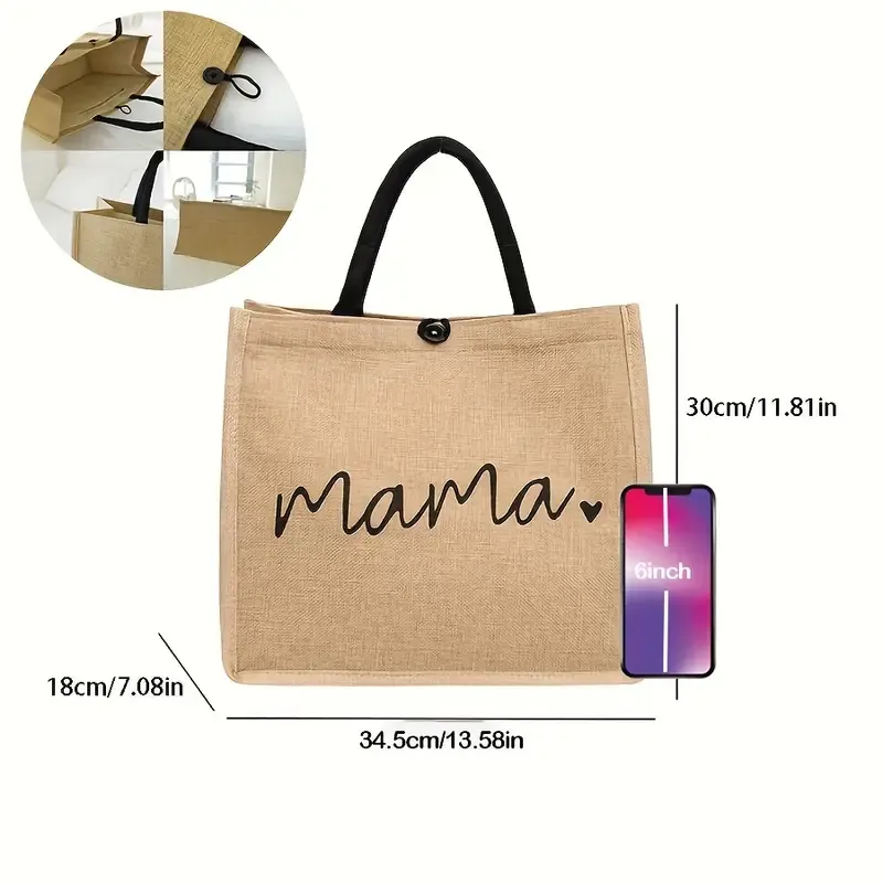 Mama Letters Print Tote Bag, Fashion Burlap Shoulder Bag, Portable Travel Picnic Bag Shopping Bag Gift For Women's Day