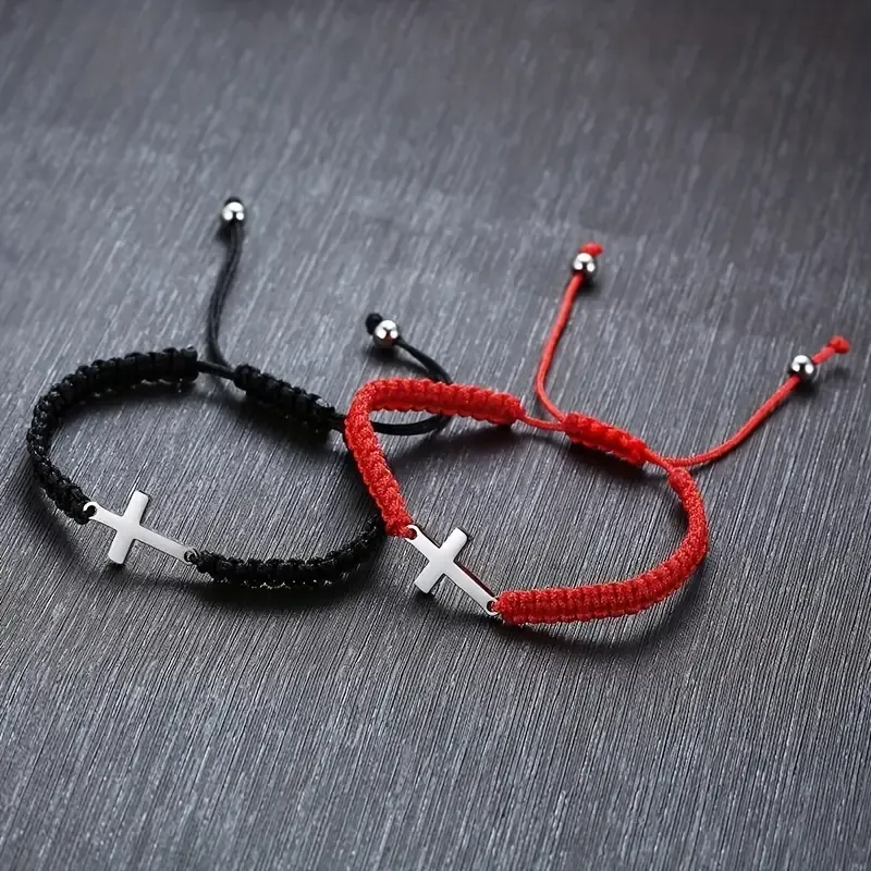 2pcs Stainless Steel Cross Bracelet for Boys Girls, Braided Rope Friendship Bracelet, Adjustable Faith Hope Blessed Jewelry for Men Women