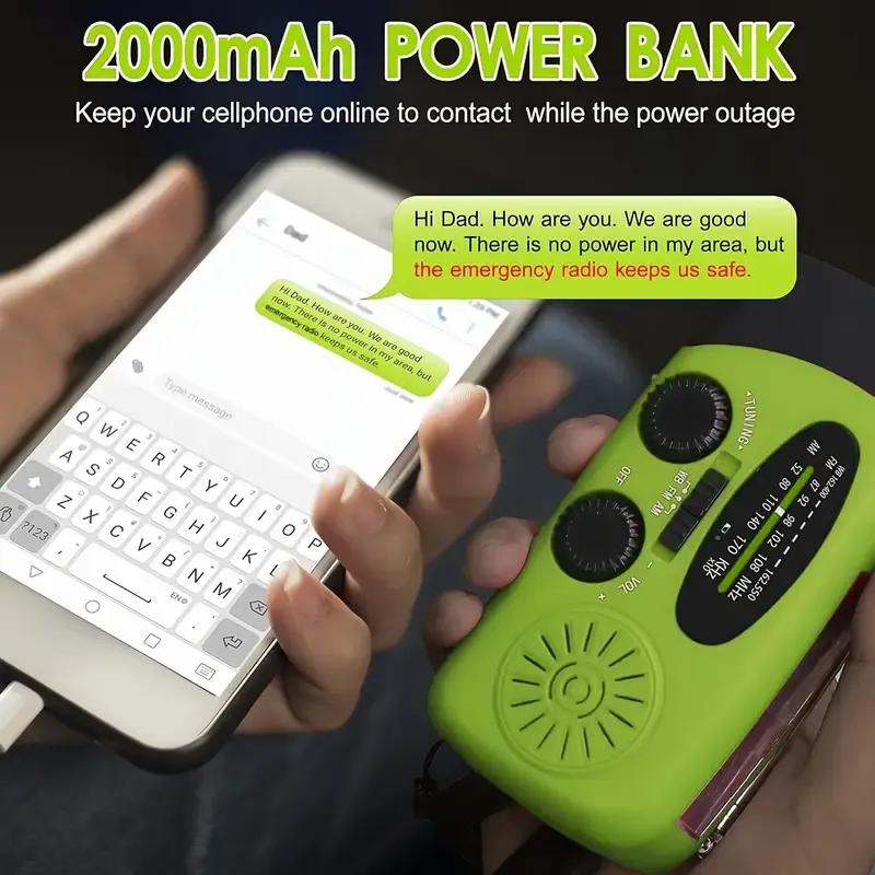 2000mAh Portable Emergency Radio - Power Bank with Hand Crank & Solar Charging