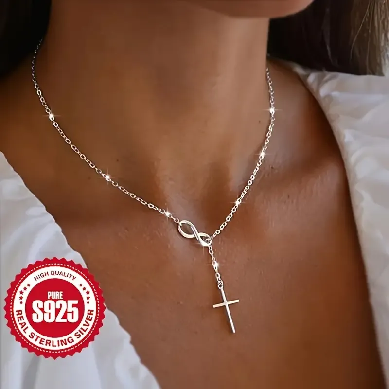 Luxurious S925 Pure Sterling Silvery Infinity Lucky 8 Cross Pendant Necklace