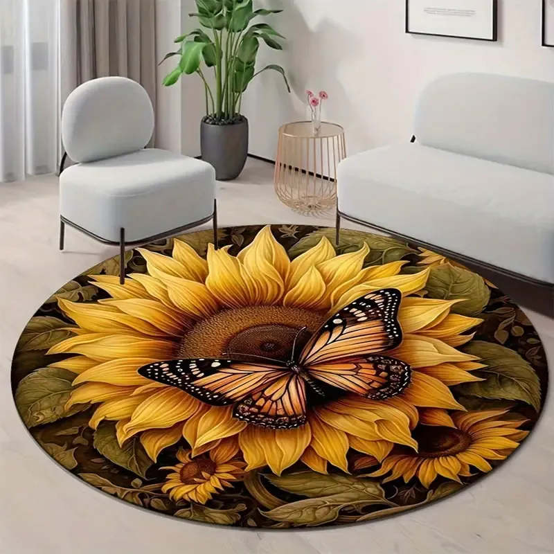 Round Anti-Slip Area Rug with Butterfly and Sunflower Design