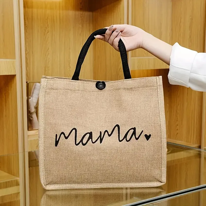 Mama Letters Print Tote Bag, Fashion Burlap Shoulder Bag, Portable Travel Picnic Bag Shopping Bag Gift For Women's Day