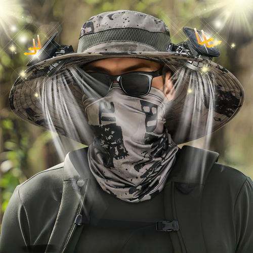 Chapéu recarregável movido a energia solar - Aba larga ajustável (60 cm), equipado com ventiladores duplos e função de proteção UV