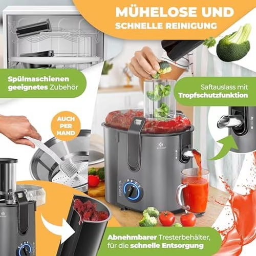 KESSER Entsafter Zentrifuge fuer Obst und Gemuese, Edelstahl 1100W Saftpresse mit grosser Einfuelloeffnung, 3 Stufen, Mikro-Sieb, inkl. Buerste, Saftbehaelter und Rezeptbuch