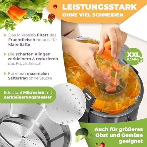 KESSER Entsafter Zentrifuge fuer Obst und Gemuese, Edelstahl 1100W Saftpresse mit grosser Einfuelloeffnung, 3 Stufen, Mikro-Sieb, inkl. Buerste, Saftbehaelter und Rezeptbuch