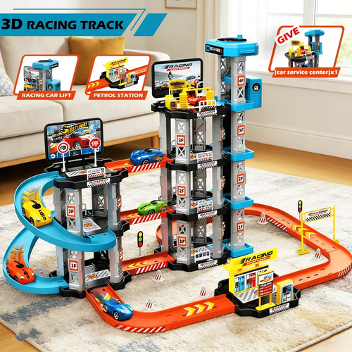 City Racing Multi-Layer Rennbahn Spielzeug Set (Inklusive 3 Spielzeug Rennautos, Auto Reparaturwerkstatt, Drift Strecke und Tankstelle) Montage Modell, Fördert Praktisches Denken und Koordinationsfähigkeit