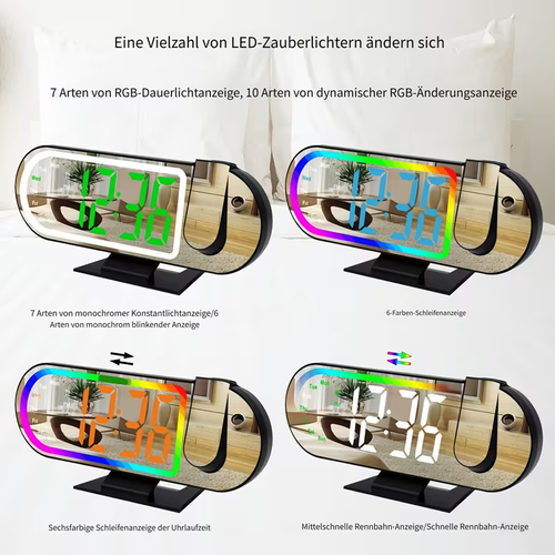 LED-Projektions-Wecker, LED-Wecker mit Farbwechsel 180°-Umdrehfunktion zum Projizieren der Uhrzeit auf Wände oder Decken, USB-betrieben mit Memory-Funktion