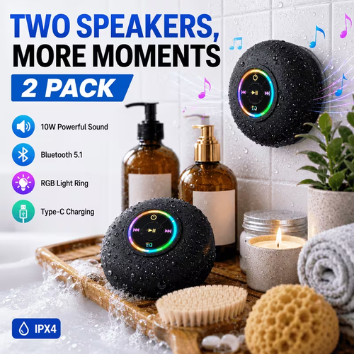 Pack Tragbarer Bluetooth-Duschlautsprecher mit Saugnapf, dynamische RGB-Beleuchtung, klarer kraftvoller Sound, kabelloser Badezimmerlautsprecher für Zuhause, Camping, Reisen, Partys, Halloween- & Weihnachtsgeschenke