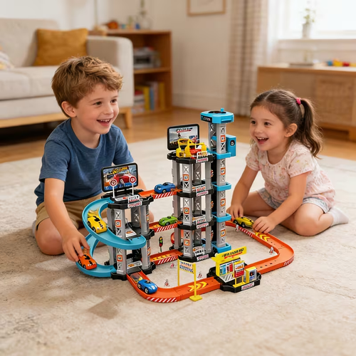 City Racing Multi-Layer Rennbahn Spielzeug Set (Inklusive 3 Spielzeug Rennautos, Auto Reparaturwerkstatt, Drift Strecke und Tankstelle) Montage Modell, Fördert Praktisches Denken und Koordinationsfähigkeit