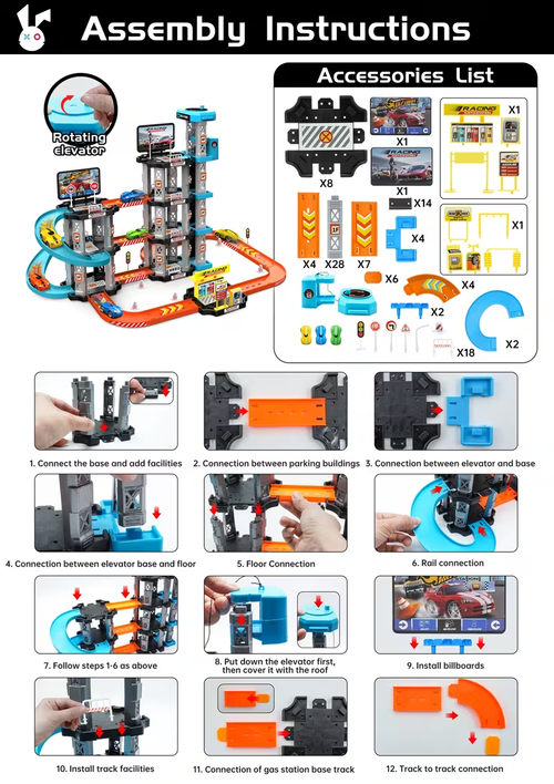 City Racing Multi-Layer Rennbahn Spielzeug Set (Inklusive 3 Spielzeug Rennautos, Auto Reparaturwerkstatt, Drift Strecke und Tankstelle) Montage Modell, Fördert Praktisches Denken und Koordinationsfähigkeit