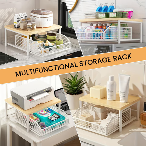 2-Tier Microwave Storage Rack with Pull-Out Drawer Basket